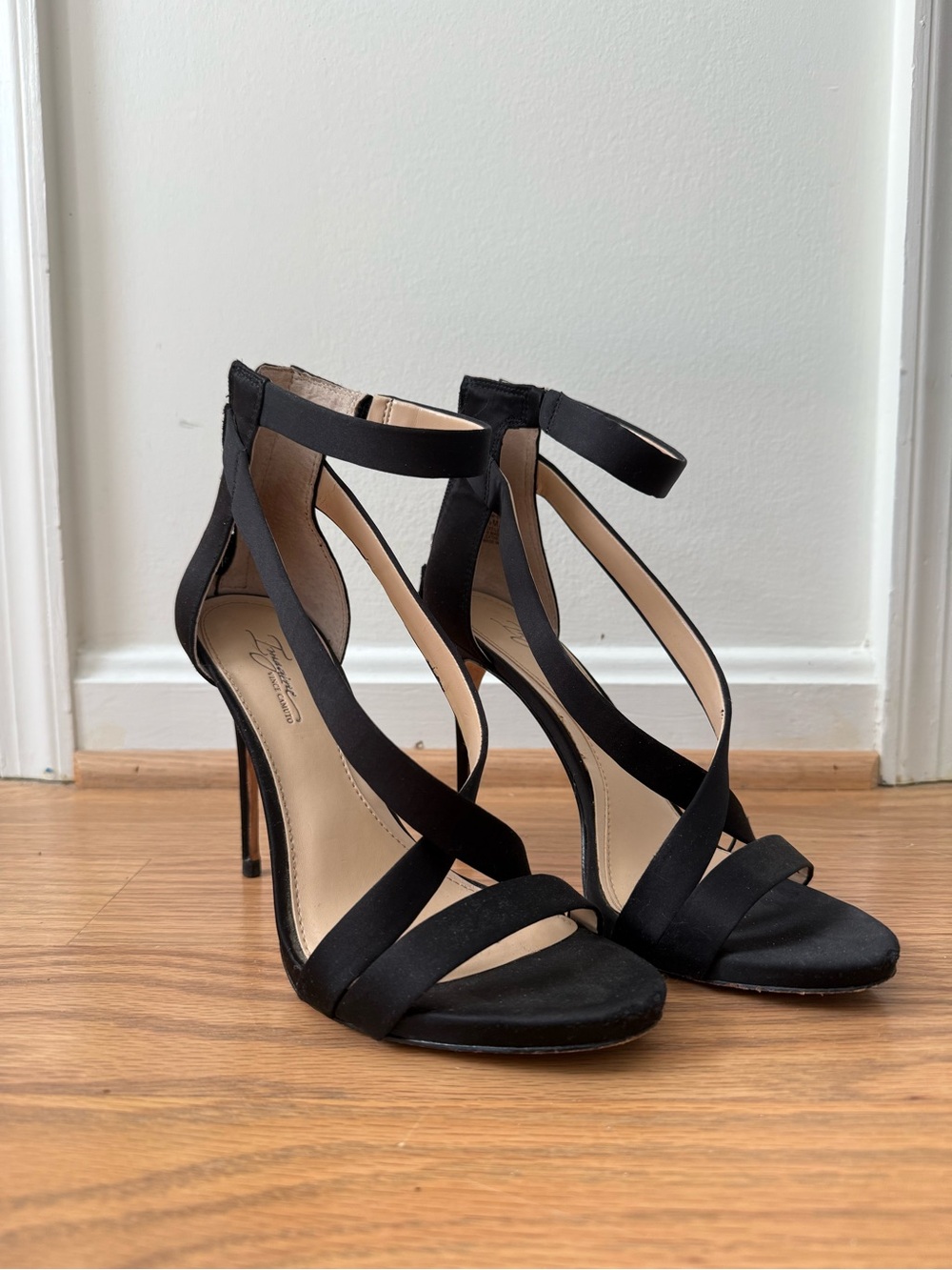 Imagine Vince Camuto Black Satin Strappy Stiletto Heels
